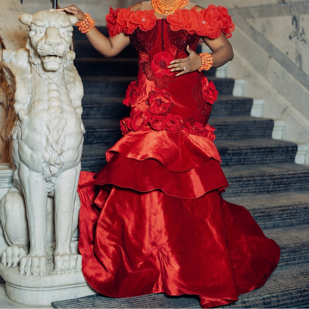 Elegant Benin/Edo Traditional Wedding Gown With Floral Accents